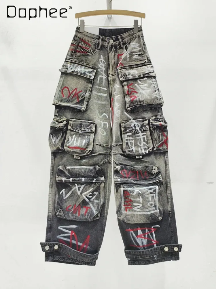 MultiPocket Painted Graffiti Cargo Jeans Women Spring High Waist Loose AnkleTied StraightLeg Pants Baggy 240423