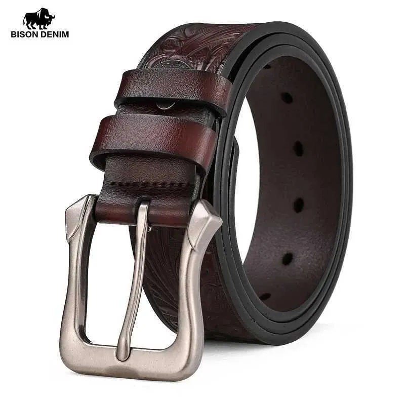 Bälten bison denim manlig bälte ny designer herr bälte lyxmärke för män högkvalitativ pin spänne cinturones para hombre cowskin w70252 y240507