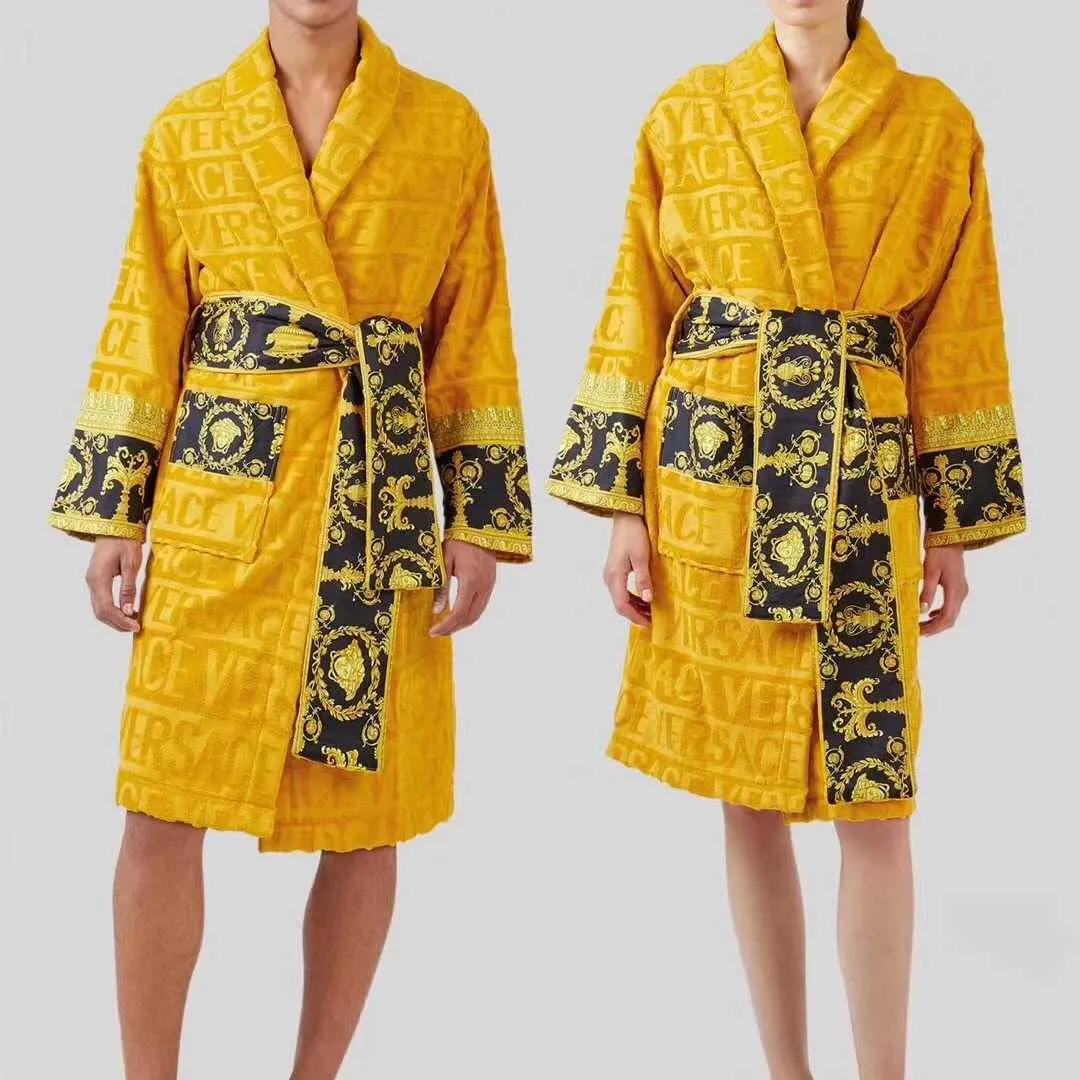 Pure Cotton Bathrobe with Absorbent Towel Material Suitable for Couples in All Seasons and Pajama Long Style Quick Drying Winter Yellow
