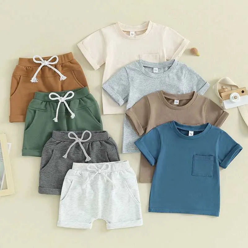 Set di abbigliamento per bambini per bambini outfit a due pezzi Shorts set a manica corta o cime a collo e pantaloncini a colori solidi H240508
