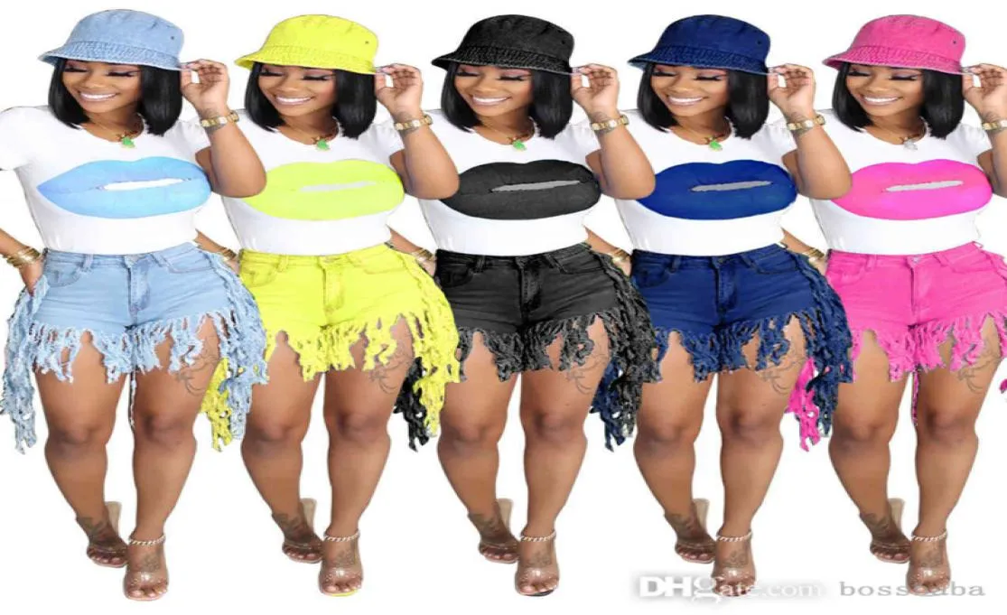Summer Womens Clothing 2 Piece Settassel Jeans Printed Lip Tshirt och denimkjol Tvådeluppsättning Plus Size SXXL 87067069552