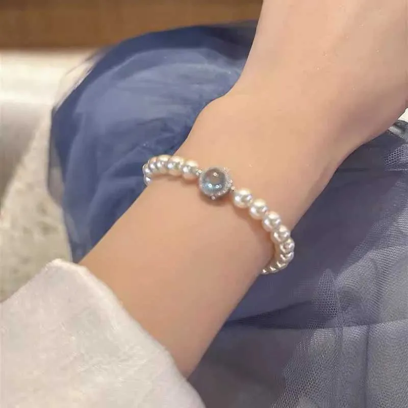 Perlearmbånd med blå edelsten retro armbånd til dame gave_voghion.com