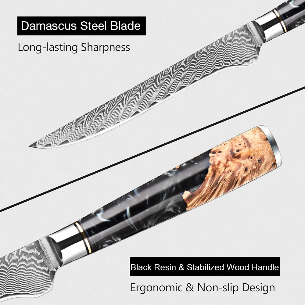 Couteau à désosser 6 pouces VG-10 Damas Steel Couteau de filet japonais Pro couteau de coupe pour viande, poisson, dégastinement en résine noire en bois stabilisé