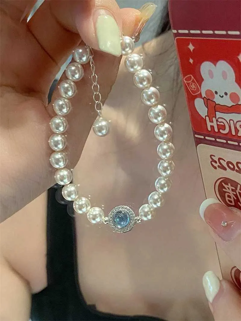 Bangle Elegant Aquamarine Gemstone Zircon for Women Round Sier Color Rhinestone Pearl Bracelets Wedding Jewelry Gift_ipsvogv.com