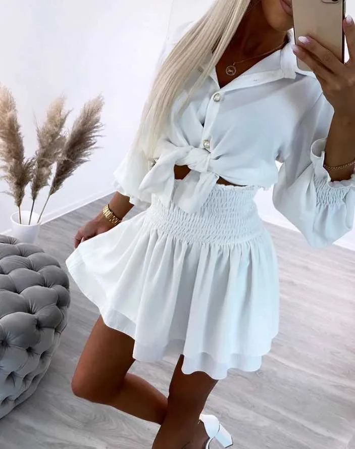 Tweede stuk jurk Dames Set 2024 Spring nieuwste casual afslag down collar geknoopte shirred knop vastgebonden detail Long Slijde bovenste gelaagde rok set y240508