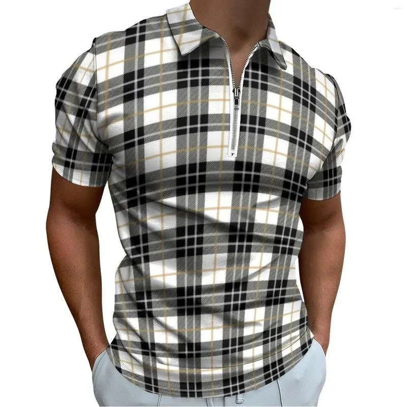 Polos Polos White Black Plaid koszulki polo Retro Lines Drukuj swobodny koszula Summer Streetwear Męs