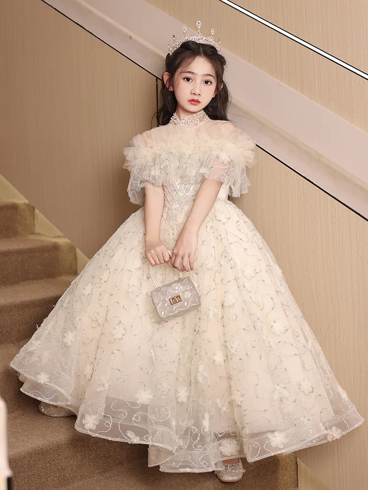 strapless open back dress Pink Lace Flower Girl Dress for Princess Kids 1st Birthday Party Gown J768 Pink / Child-6 main image 0