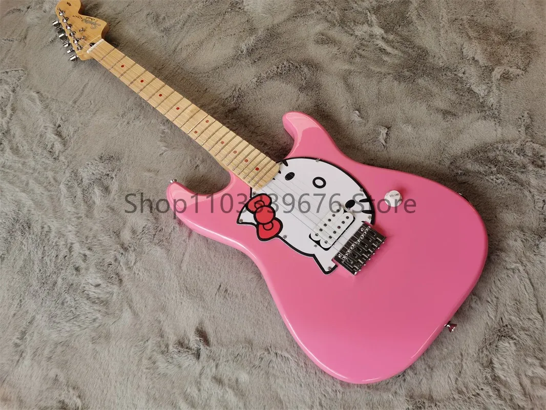 Guitar Factory Pink Cat Cat 6String Guitar, picape de uma peça, hardware cromado, ponte fixa, volta através de strings