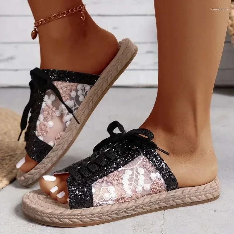 Slippers Women's 2024 Summer Open Toe Flat Crystal Mesh Shoes Комфортно для дыхания кружева zapatos