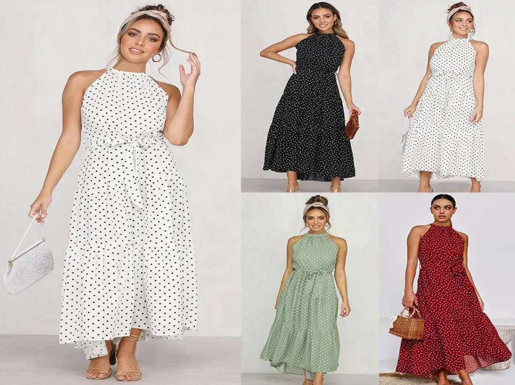 Kadınlar Moda Seksi Kolsuz Polka Nokta Halter Maxi Uzun Elbiseler Akşam Partisi Plajı Zarif Bohem Kırış Vestidos Ladies8895545