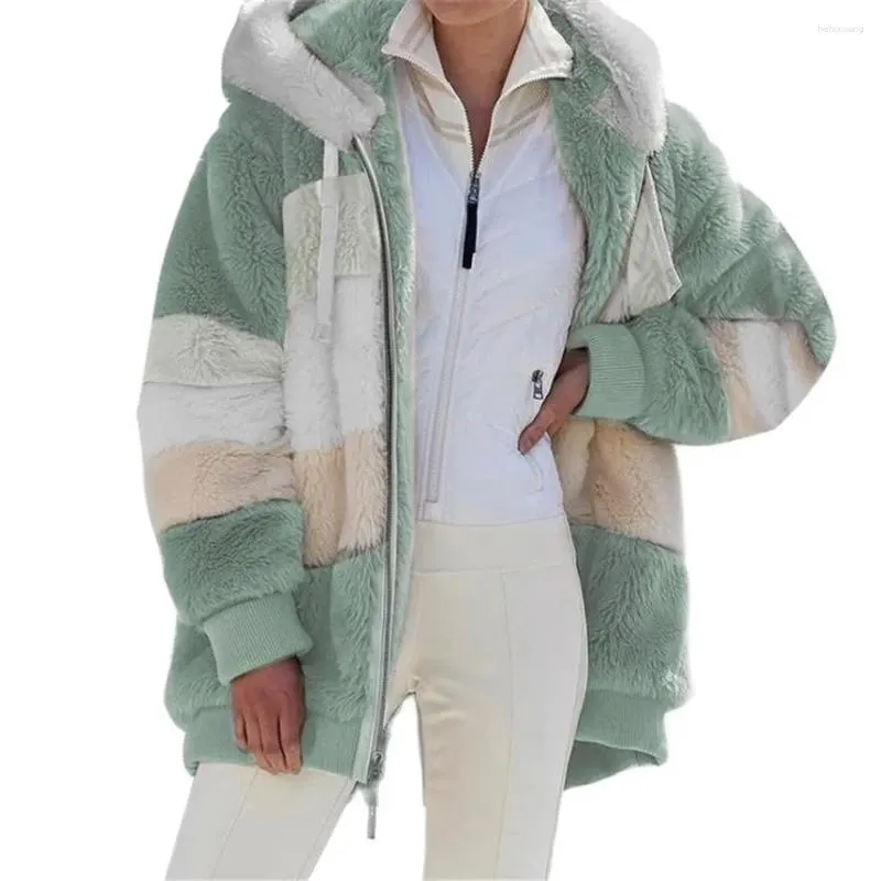 여자 모피 2024 겨울 여자 코트 패션 캐주얼 스티칭 격자 무늬 숙녀 옷 후드 지퍼 웨터웨어 캐시미어 여성 따뜻한 재킷