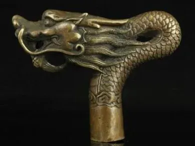 Sculpturen YM 324 100% Bronze puur koper koper Messing Oude opa goed geluk Walking Stick Hoofd China Old Handwork Carving Bronze Dragon