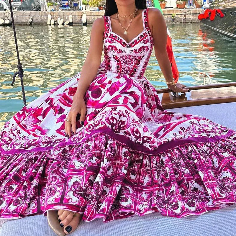 JAMERAY 2024 Été Summer Roule en porcelaine rouge et blanc imprimé longue robe de plage de plage pour femmes robe de soleil 240506