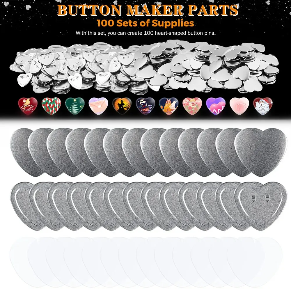 Fazendo peças de fabricante de botões de crachá em forma de coração, emblemas em branco Pressione Botão Peças DIY CLATE FAZENDO MÁQUINA PARTEM PARTES 50/100/200PCS