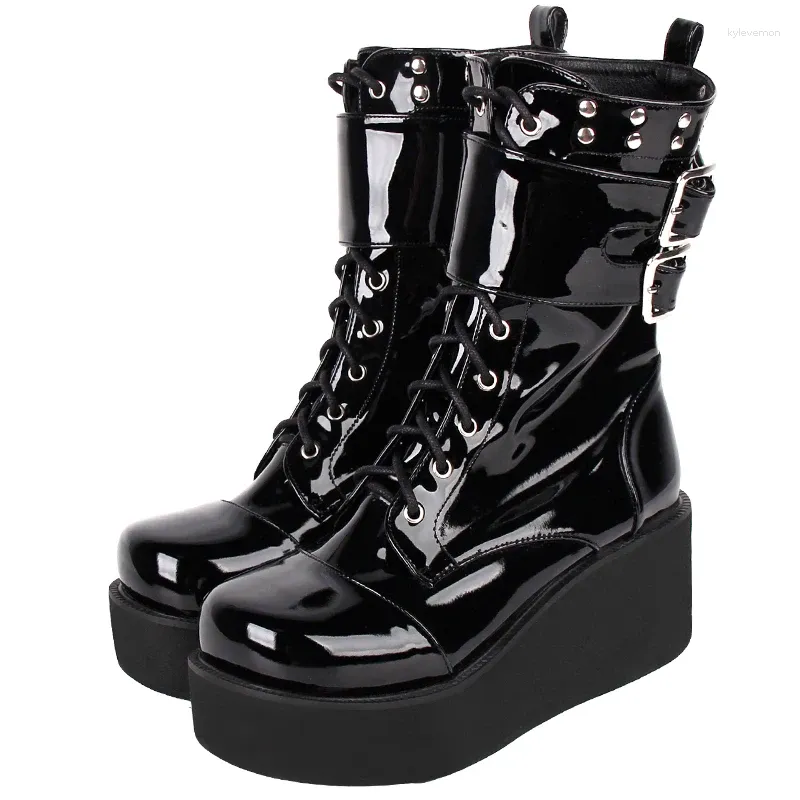 Boots Imprime angélique femme moto punk cool dame lolita femme hauts talons pompes calices chaussures brevet cuir boucles 47