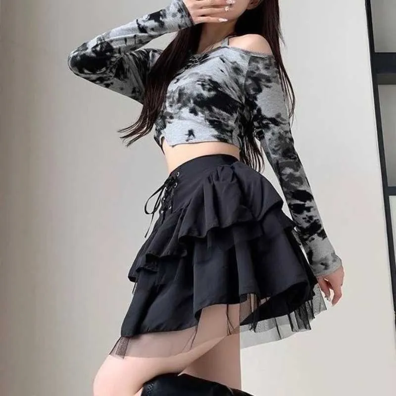 Skirts Deeptown Ruffle Sheer Elegante gonna corta donna Black Sweet Lace Mini Sexy Casual Summer Decal Solid Q240507