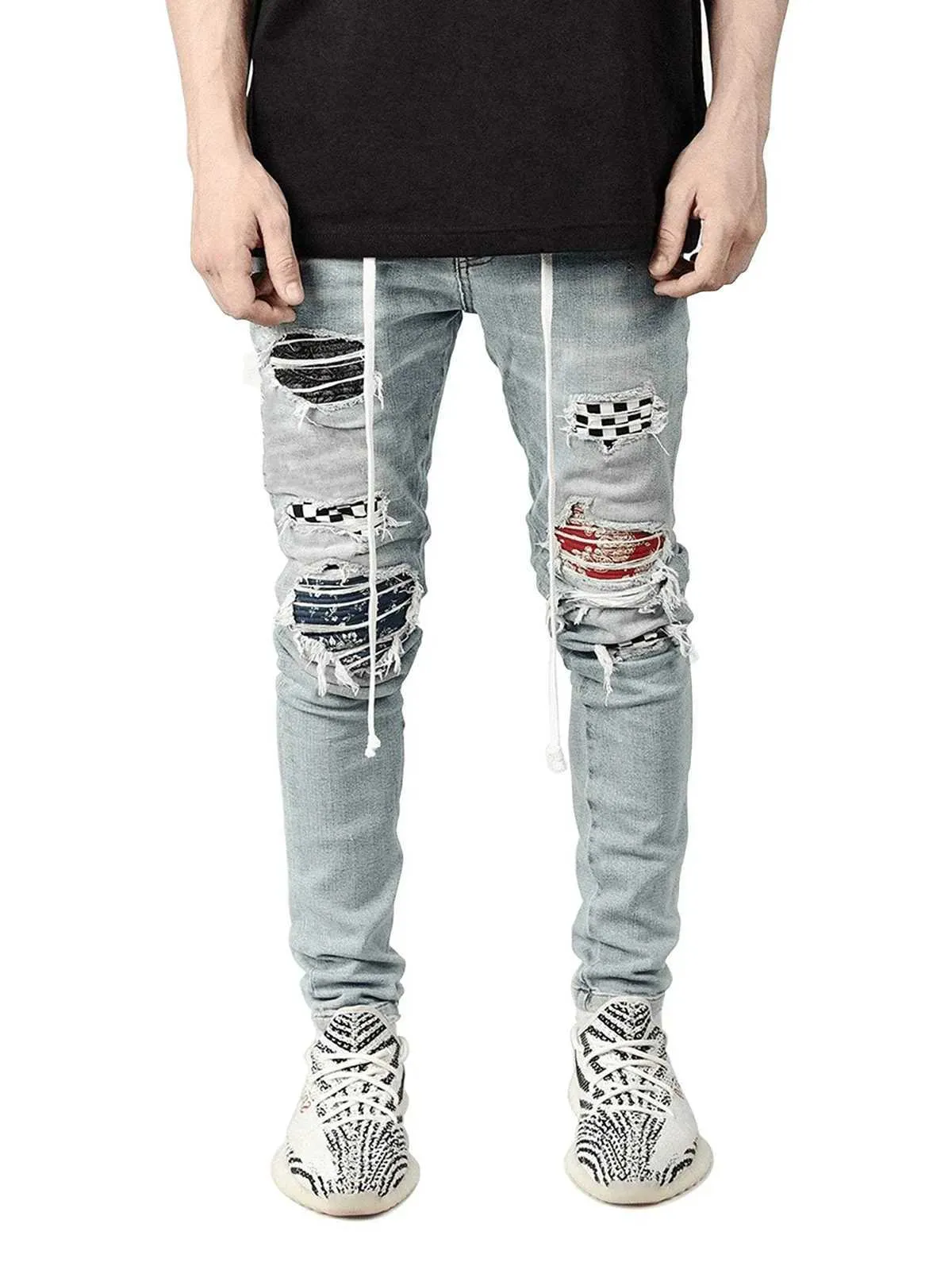 Hot New Skinny Jeans Men Strtwear Destroyed Ripped Jeans Homme Hip Hop Male Pencil Pants Embroidery Patch Fashion Denim Pants