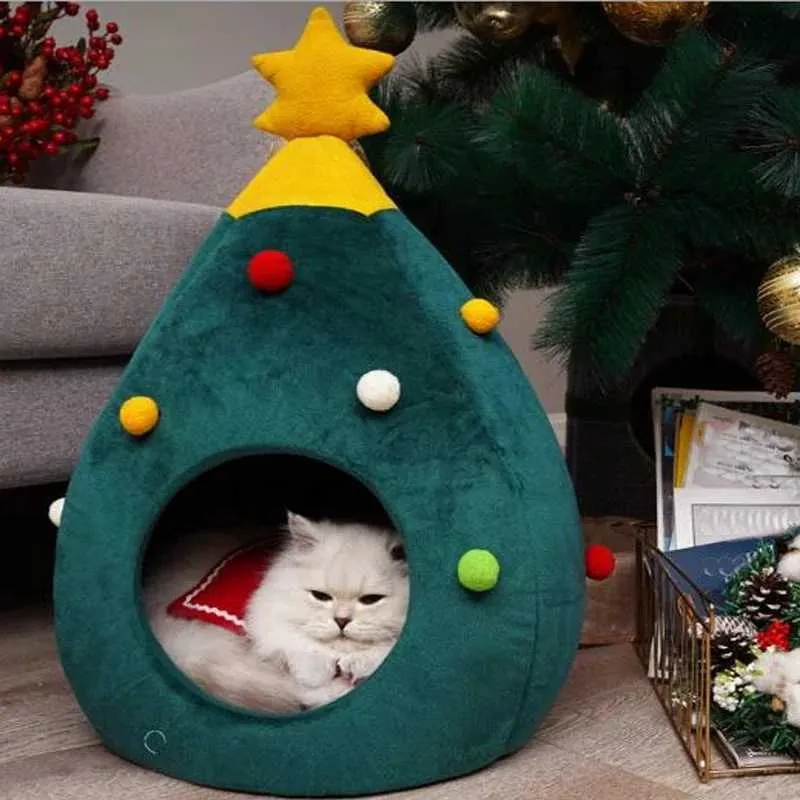 Cat lits meubles de Noël arbre chat maison chat tente grotte matelas de vacances Noël chaude cave molle cave lit forme arbre arbre chat nid d240508