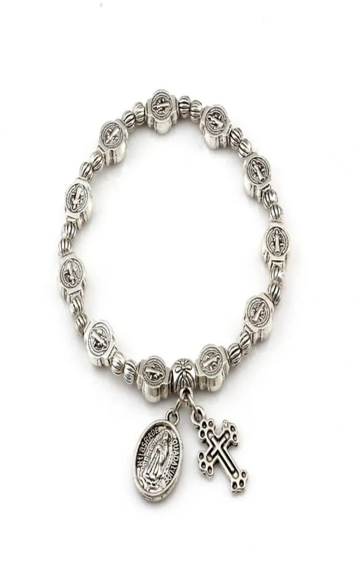 12Pcs Antique Silver Catholic Religious Alloy Strands Bracelets For Men Women Christ Juses Virgin Mary Pendant Bangles C-798363724