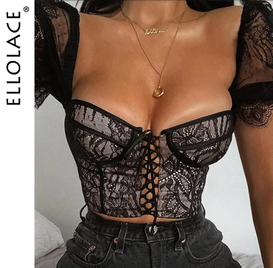Ellolace Sexy Crop Top Kurzarm T -Shirt Frauen Schnürung Dessous Tops weiblich sexy Vintage Sommer Tee Whole8888158