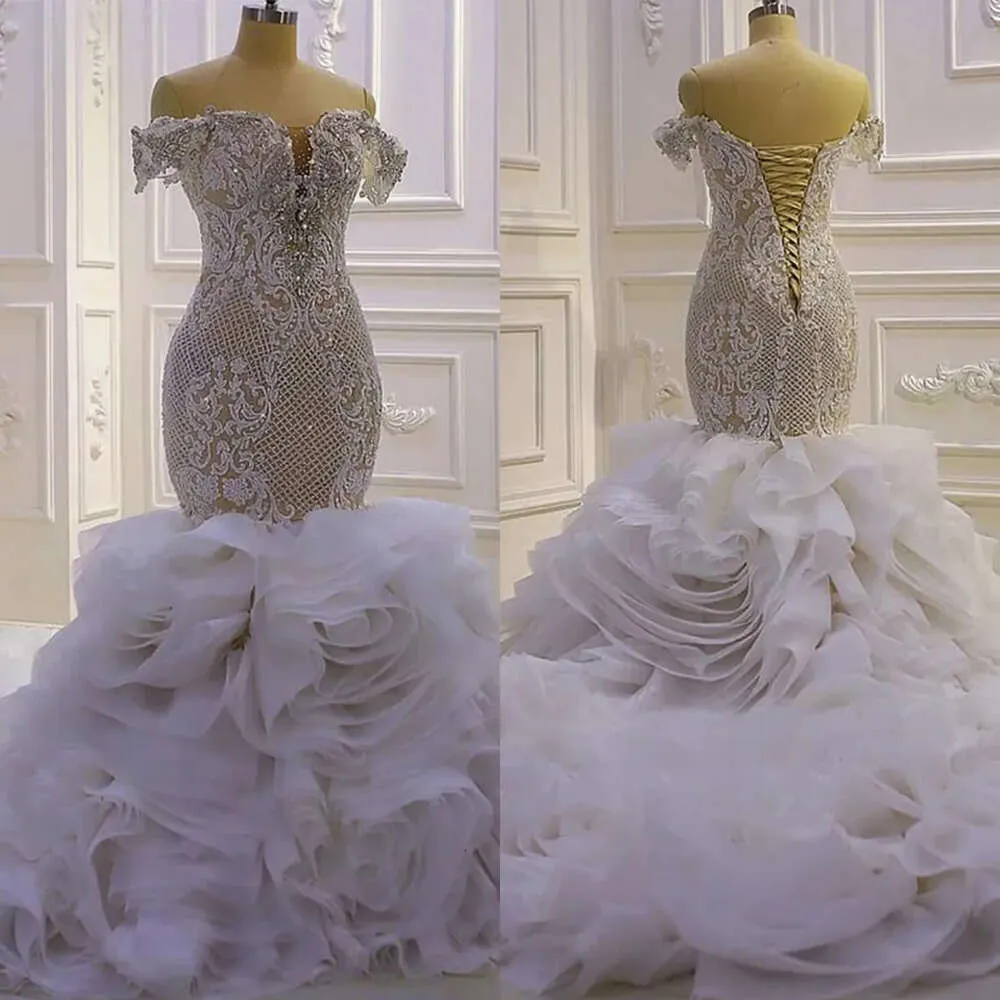 Abiti da sposa sirena Gli splendidi candidati al di fuori del pizzo spalla a strati di cerniera di tulle con cerniera su misura per abito da sposa per dimensioni plus size vestidos de nolia