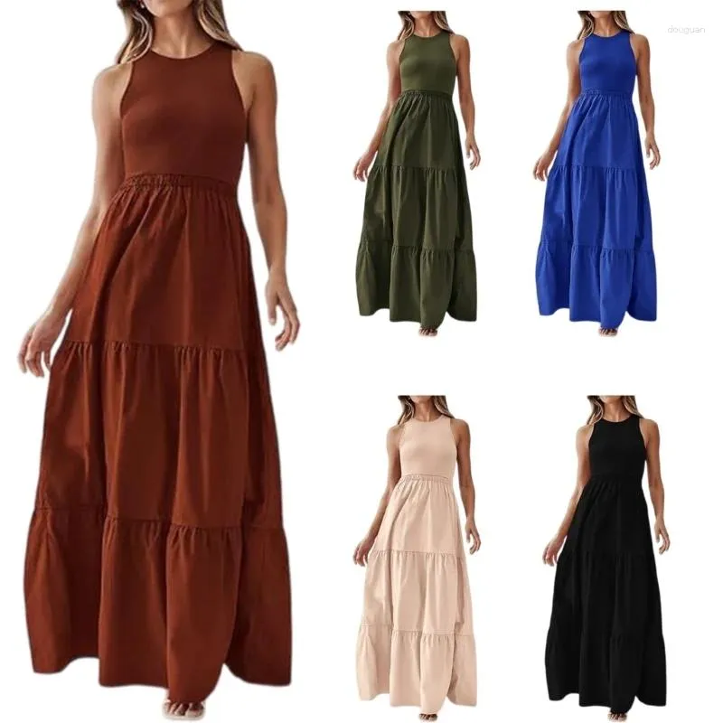 Vestidos casuais vestido feminino sem mangas com giro redondo de retalhos de retalhos maxi saia longa de poliéster perfeita para o verão