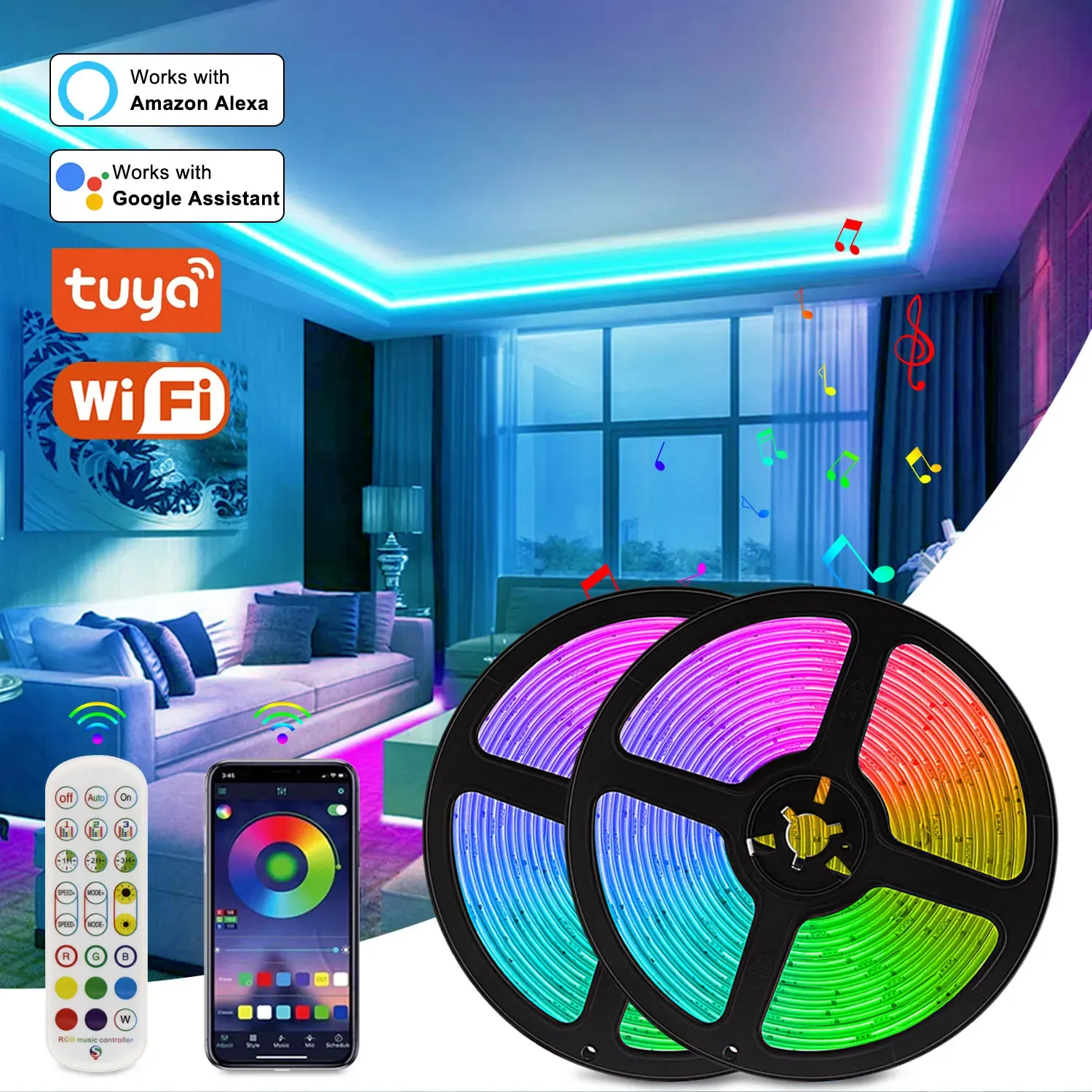 RGB Tape Tuya WiFi Smart LED tira DC 12V 5050 Ribbon Trabalho com Alexa Voice Control Color Alterar decoração de quarto 5m 20m luz