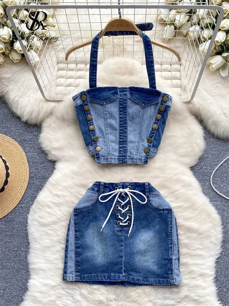 Tweedelige jurk singreiny chic hotswt denim pak dubbele borsten halter zipper top+cross verbanden rok outdoor strtwear sexy twee stuks pak y240508