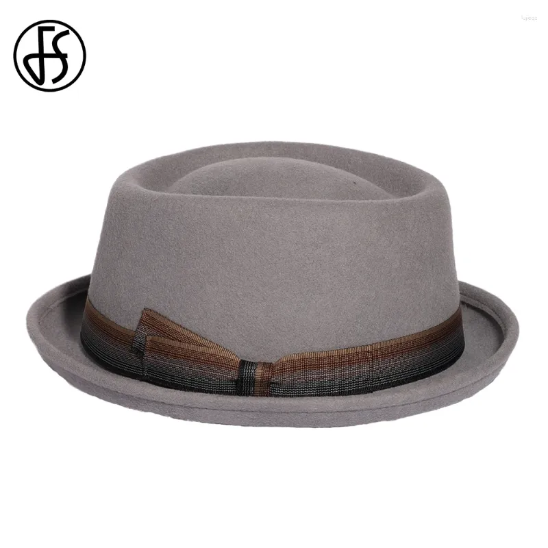 Bérets FS 2024 Roll Brim Pork Pie Chapeaux Fashion Men Femmes Femmes Gray Jazz Gray Mentlemen Wool Fedoras Panama Cap Gorras para Hombres