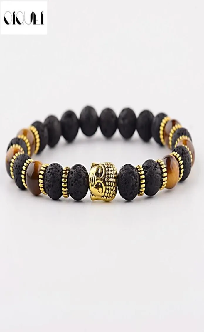 oiquei New Fashion Men039s Strand Bracetes Lava Rock and Natural Tiger Eye Stone and Lava Buddha Head Bead Charm Bracelets GIF5044188