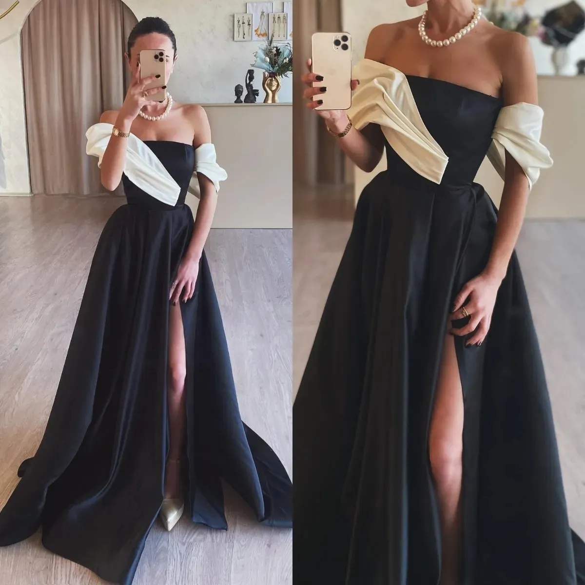 Elegant black white prom dress off shoulder formal evening dresses elegant split party dresses for special occasions promdress