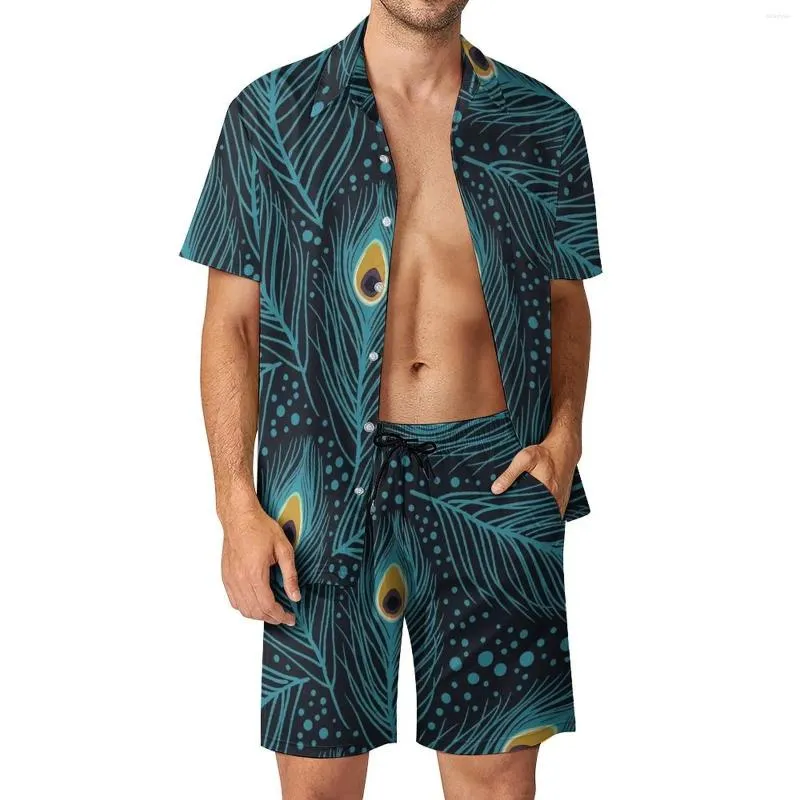 Peroues de survêtement masculines Faits de paon ensembles hommes sets animaux plumes shorts décontractés chemises de vacances en jeu d'été
