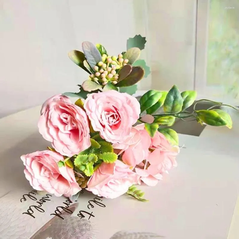 Decorative Flowers Artificial Bouquet Rose Pink Silk Peony Flower Bride Wedding Home Decoration Fake