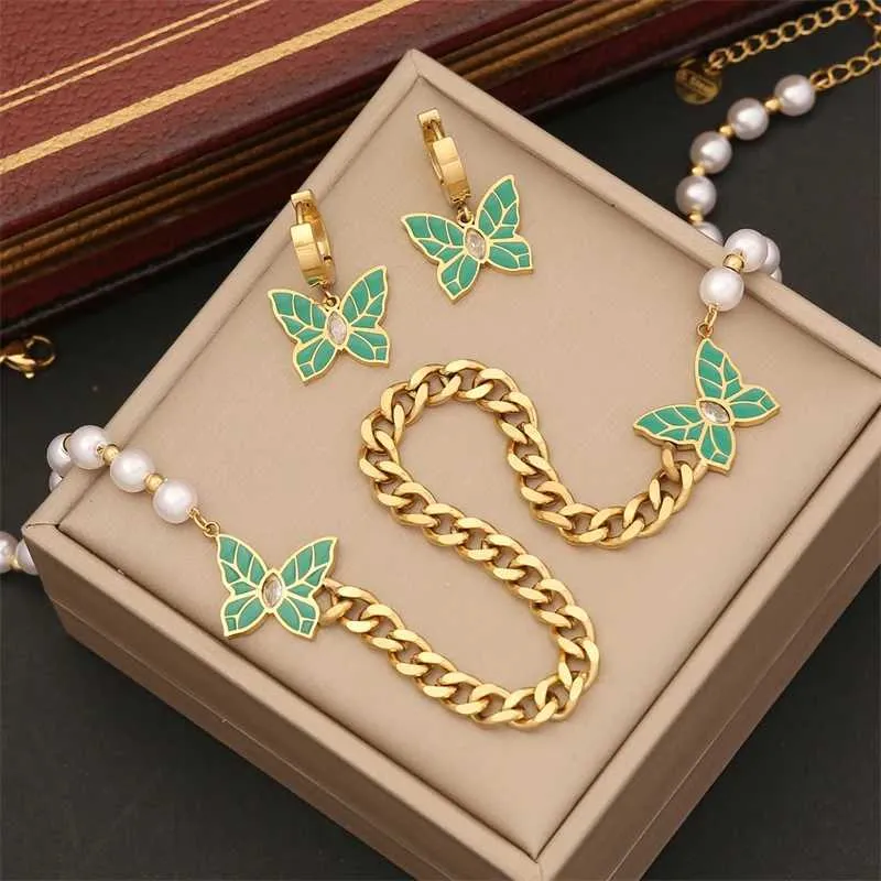 316L Stainless Steel New Fashion Fine Jewelry Zircon Pearl Green Butterfly Charm Chain Necklaces Bracelets Earrings For_voghion.com