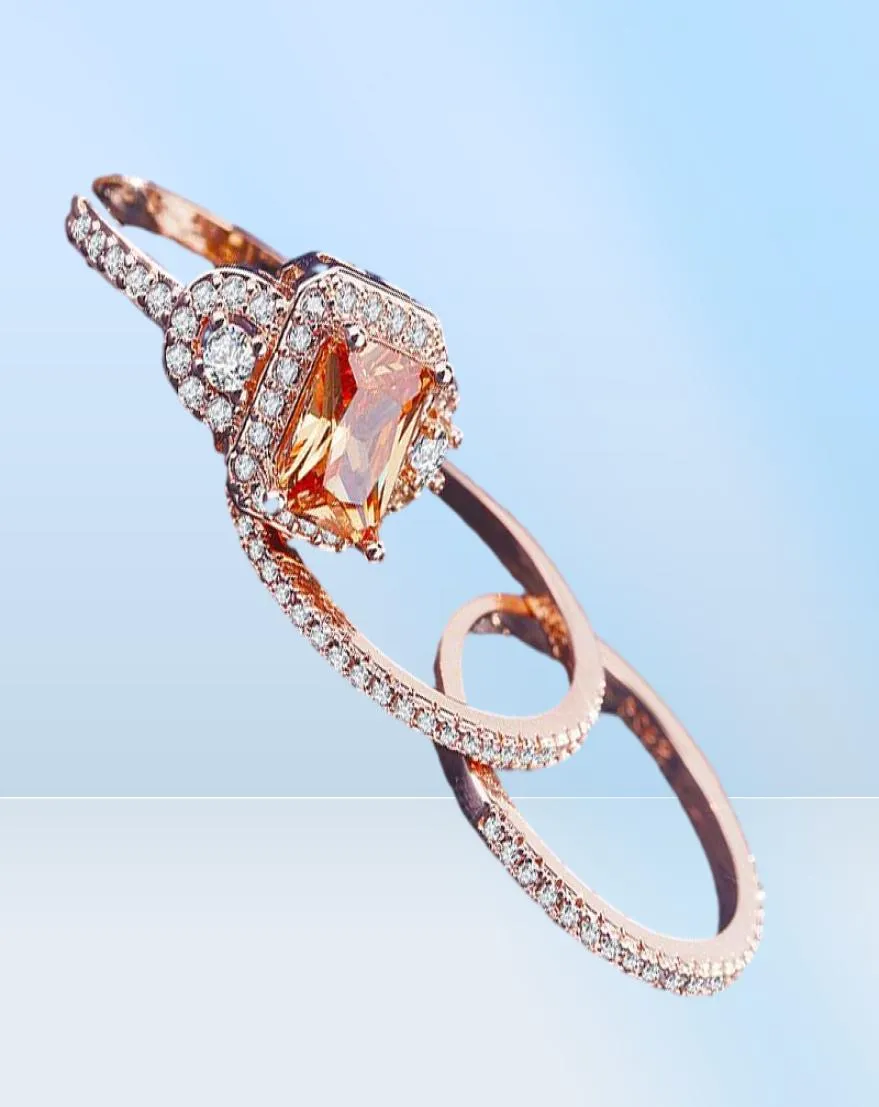 Ringos de cluster 2021 Luxury Rose Gold Color Princess Anel de casamento Conjunto para mulheres Lady Anniversary Gift Jewelry Bague femme Homme ANEL5509420