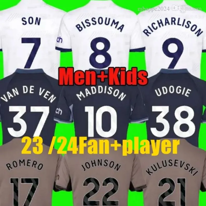 23 24 25 Maddison Son Jersey de futebol Romero Kulusevski Richarlison Kulusevski Van de Ven Bissouma Johnson Football Kit Spurs Top Men Kids Set Soccer Jerseys