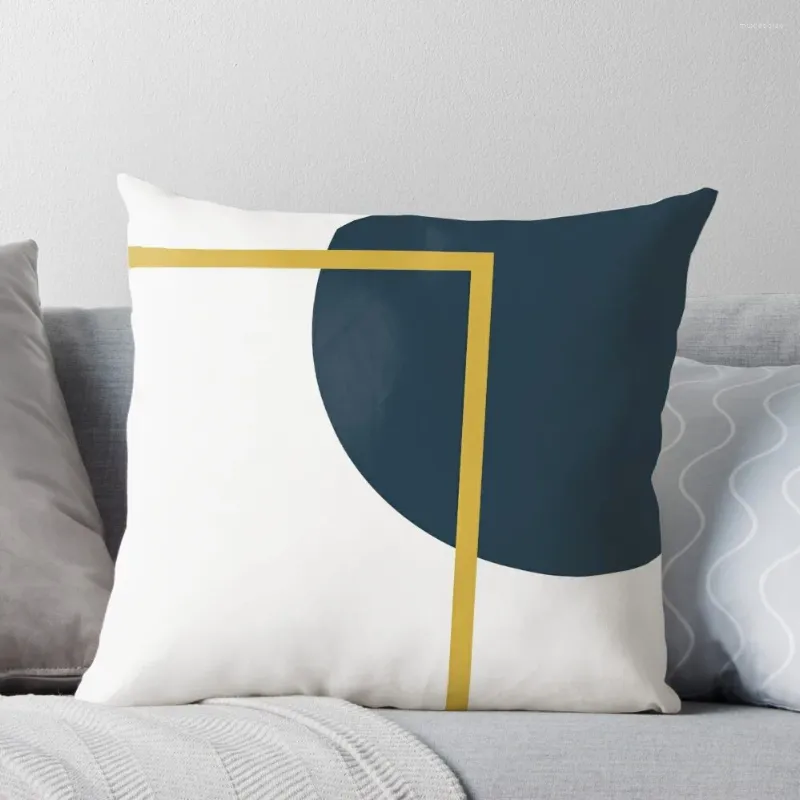 Poduszka abstrakcyjna geometryczna minimalistyczna granatowa lekka musztarda żółta i biała rzut ozdobny