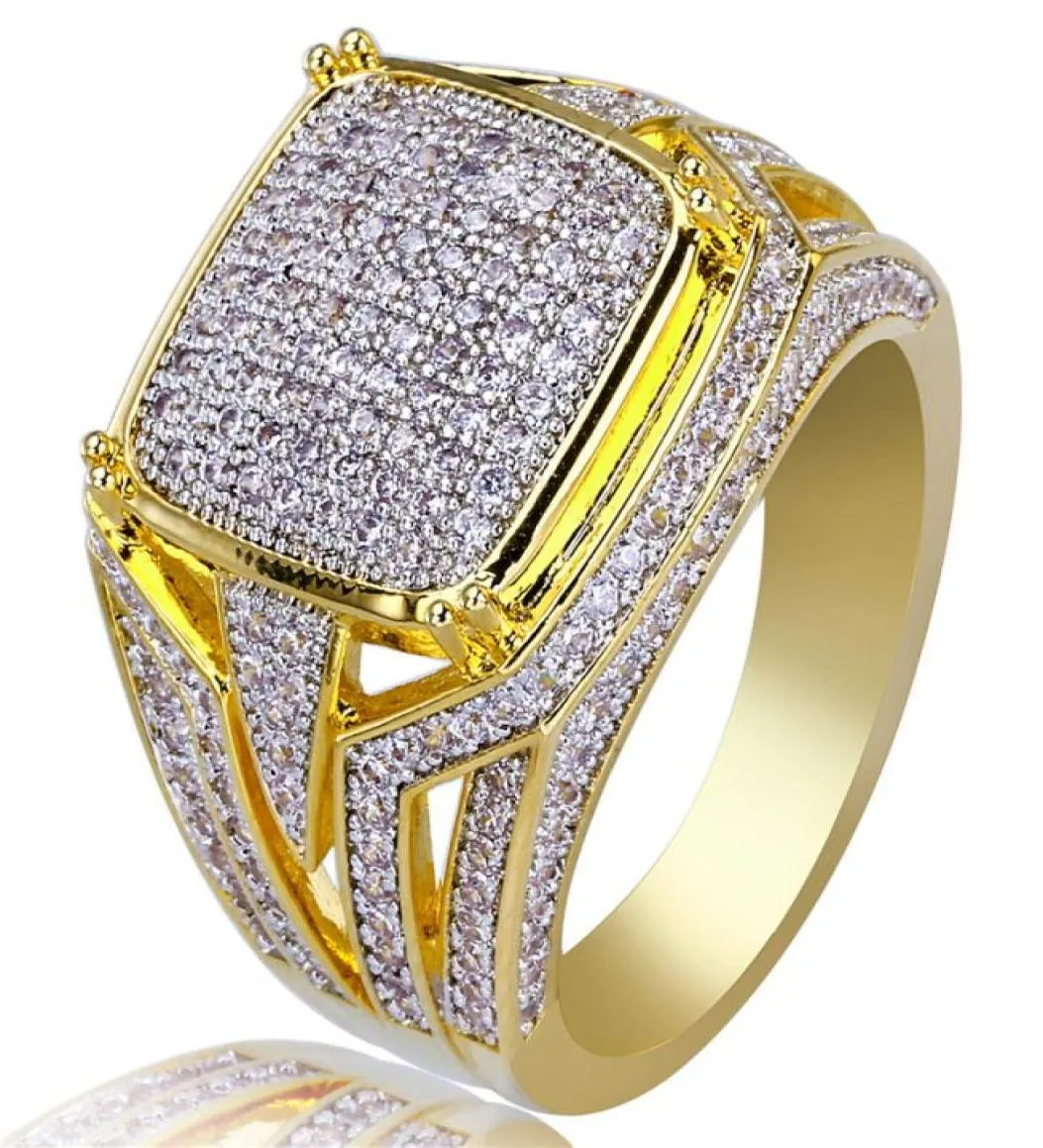 Hip Hop Iced Out Gold Micro Pave Cubic Zircon Bling Big Square Anneaux pour les bijoux masculins 18 mm Mother039s Day Gift4994109