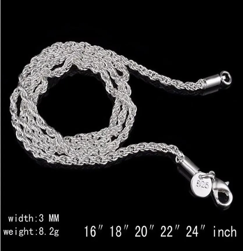 3 mm 925 Catena a corda d'argento Caina di moda Catene di moda UOMINO Domande Accessori fai -da -te Gioielli Collana 16 18 20 22 24inch4258961