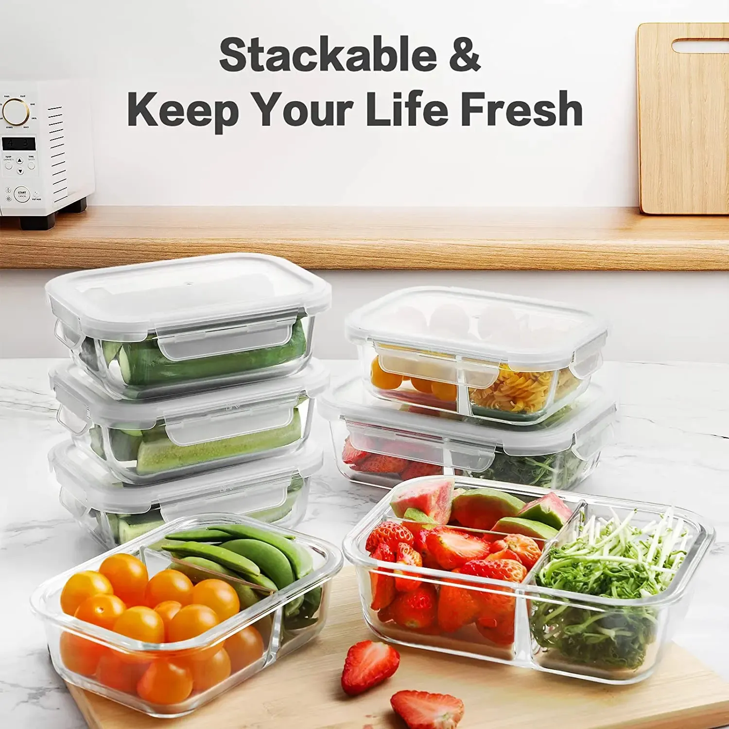 1040ML Multi-grid Glass Lunch Box Meal Prep Containers Glass Food Storage Containers With Lids Kitchen Storage Organization 240429