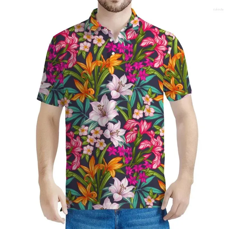 Мужская полоса Polos Hawaiian Tropical Flower 3D-печать рубашка поло для мужчин Summer Street с короткими рукавами