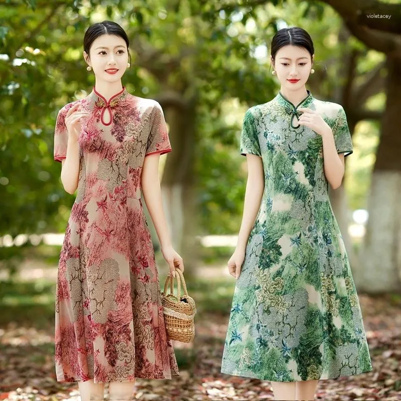 Sukienki imprezowe Summer Chińskie Cheongsam Zmodyfikowana sukienka Vintage Floral Printed Collar Female Qipao