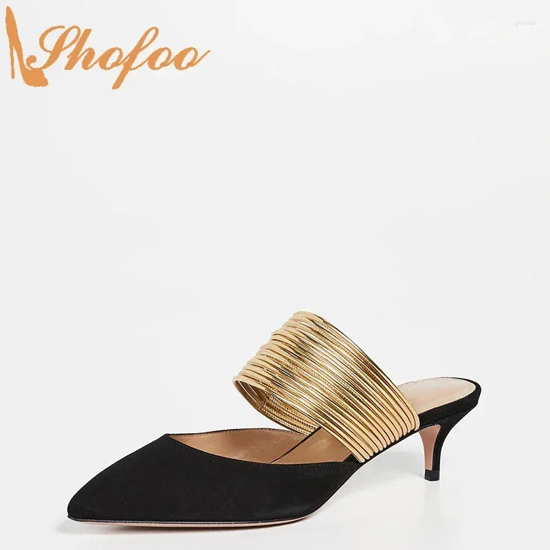 Chaussures habillées Pumps pour femmes Black Med Kitten Talons en daim pointu à orteil pointu sur mules Gold Cords grandes taille 40 41 Fashion Mode Shofoo