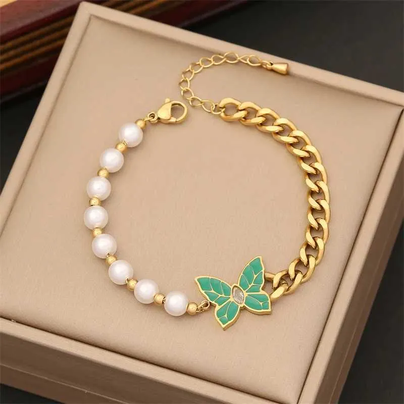 316L Stainless Steel New Fashion Fine Jewelry Zircon Pearl Green Butterfly Charm Chain Necklaces Bracelets Earrings For_voghion.com
