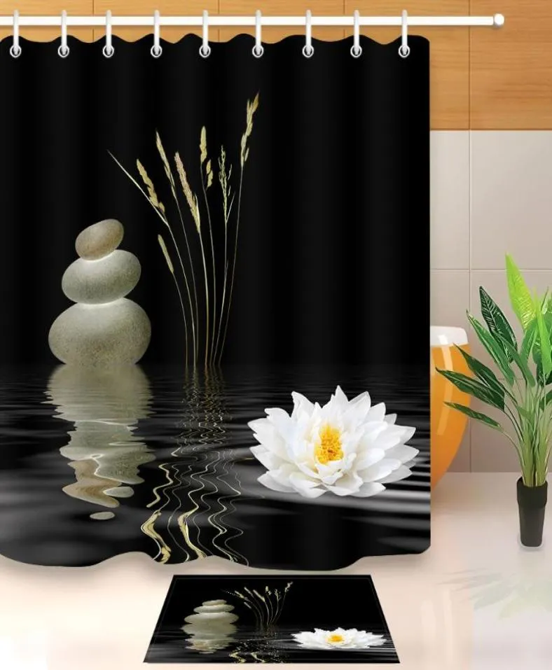 Cortina de chuveiro de pedra zen com reflexo asiático de flor de lótus no banheiro aquático de papel de poliéster à prova d'água para decoração de banheira Curtai2073227