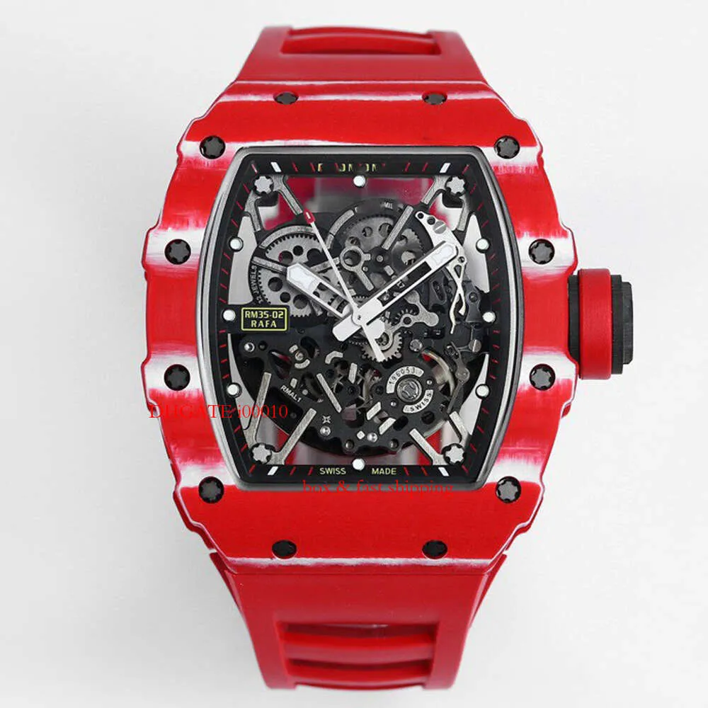 Skeleto Automatic Red Mens Watchba Watch Watch completamente RM035 RM35-02 orologi Tourbillon Designer Movem Devils Flywheel Superclone Mechanical 9048