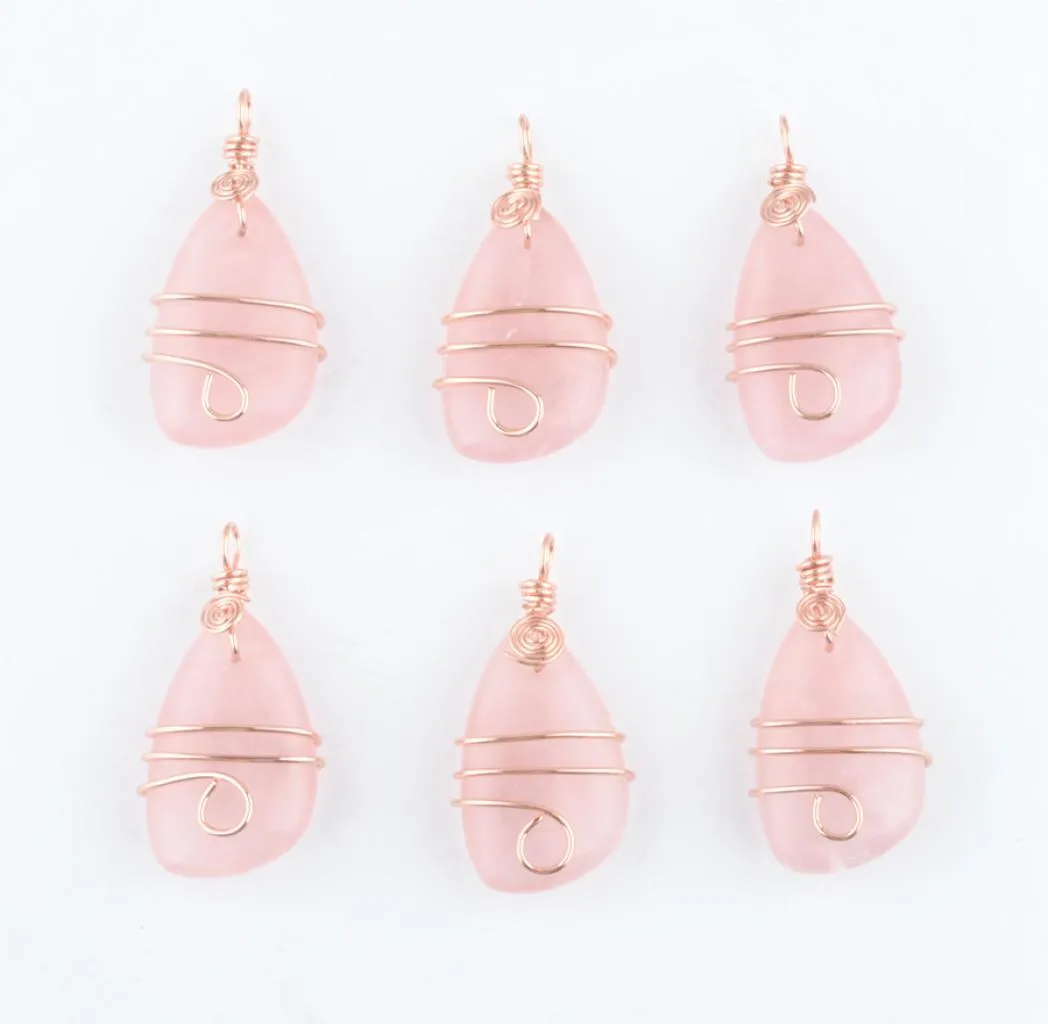 Gros Natural Stone Rose Quartz Copper Wrap Pendant Perle géométrique irrégulière Color Gold rose Sortie Charmes Bijoux DN41755761044