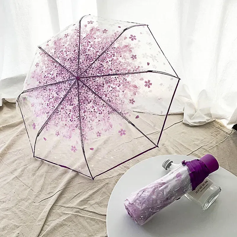 Gear Korean Umbrella pliant mignon Korean Mini Fresh Fresh Simple Sen Series Trifold Japanese Cherry Blossom Transparent Umbrella
