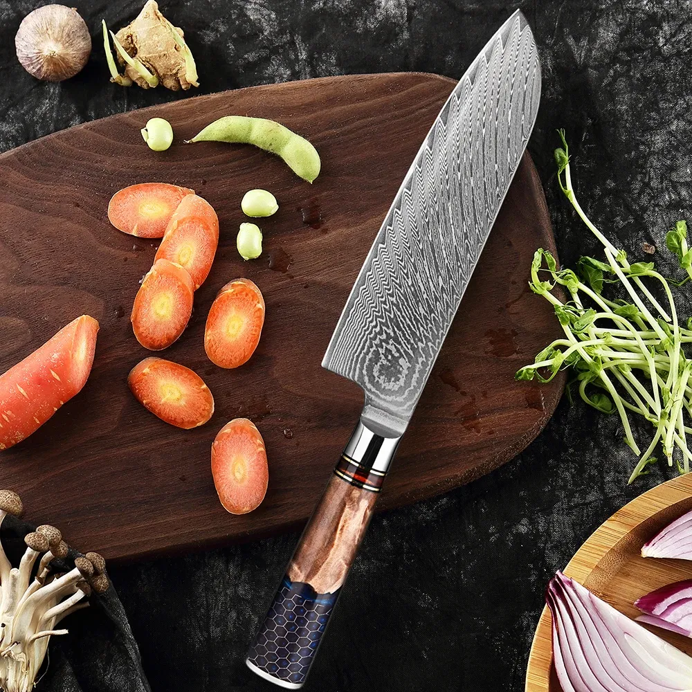 Santoku Knife 7 inch,Damascus Chef Knife VG-10 Steel Blade Japanese Knife,Sharp Kitchen Knife Chopping Knife Pro Cutting Knife