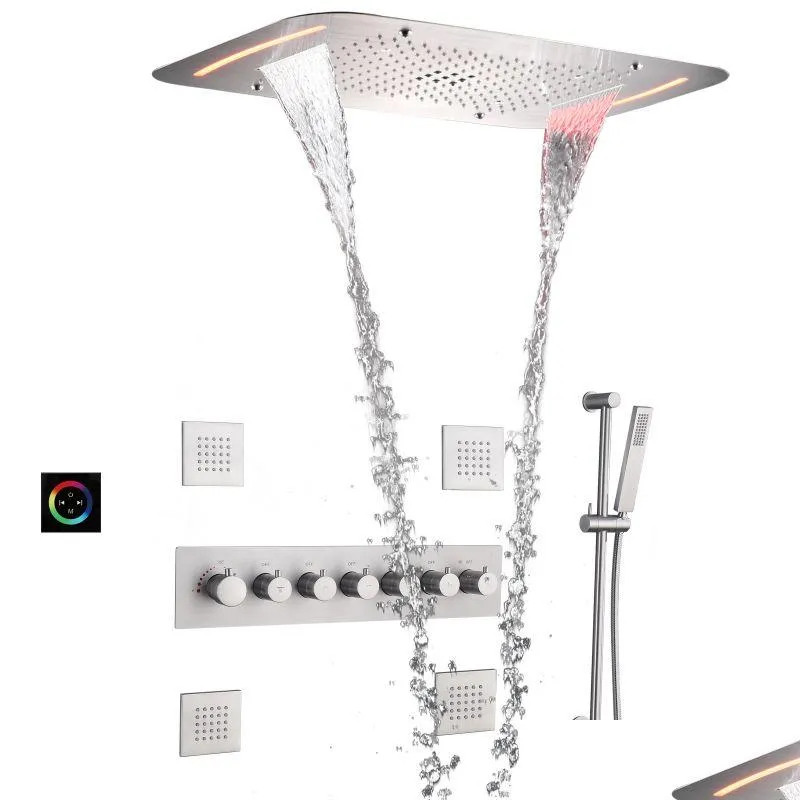 Juegos de ducha de baño Sistema de lluvia LED cepillado Juego de lluvia de cascada grande de 28x17 pulgadas y jets de cuerpo de pulsador de mes termostático Mti Functi